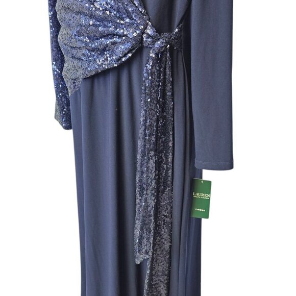Lauren Ralph Lauren Womens Long Sleeve Sequin, Jersey Maxi Dress, Blue, Drape,14 - Picture 7 of 8